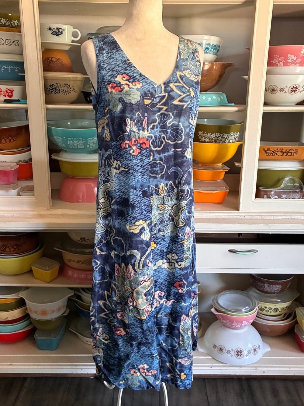Citron Blue Asian Floral Art to Wear Silk and Linen Maxi Dress - Size Medium